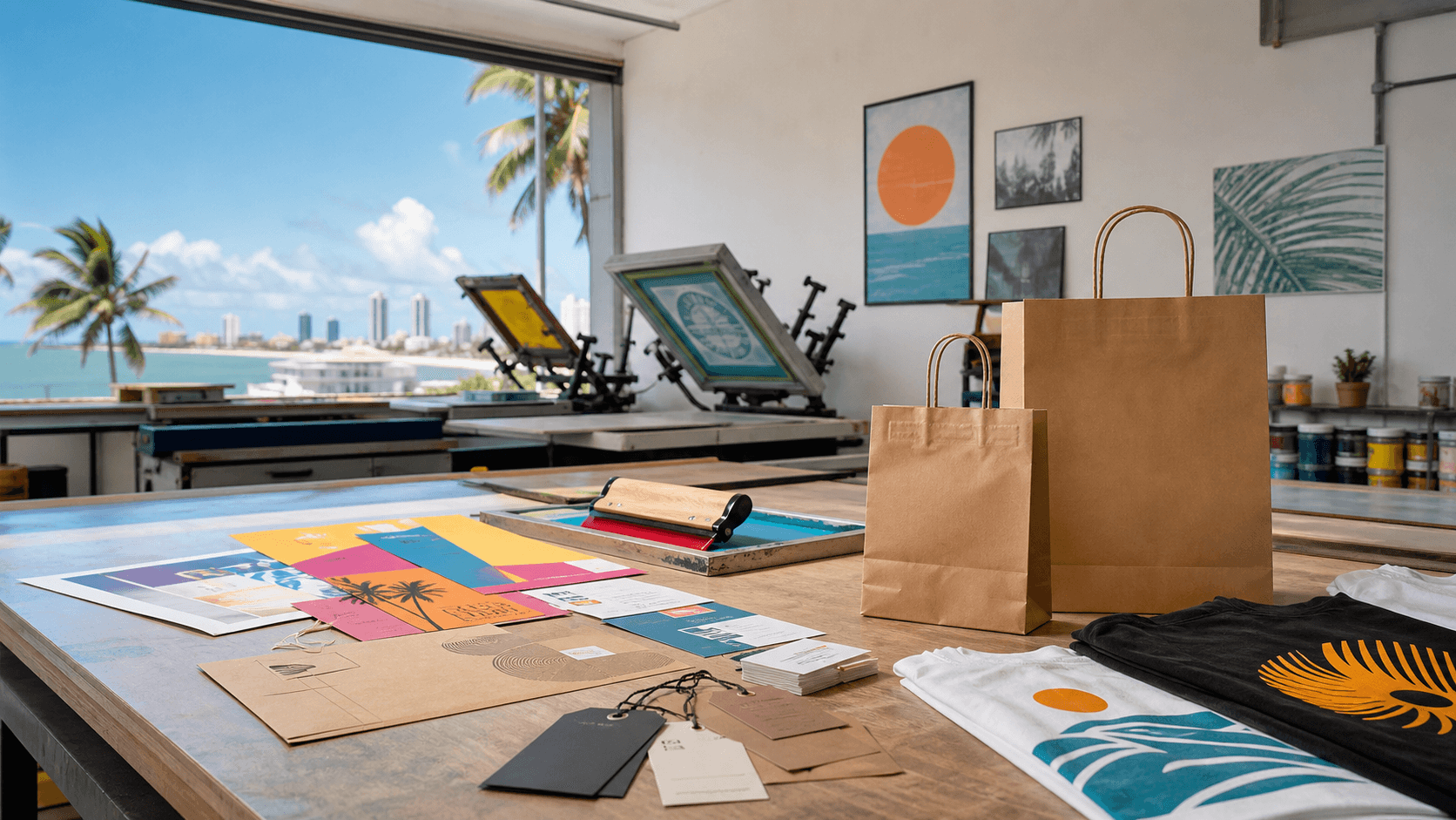 Mesa de producao grafica com sacolas, impressos, tags e telas de serigrafia