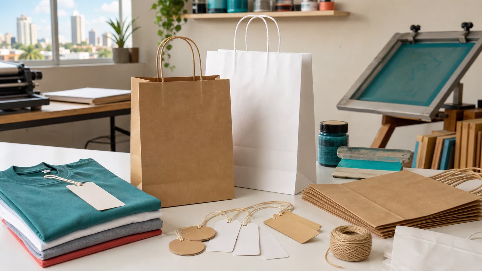 Sacolas de papel e tags para roupas em mesa de producao grafica